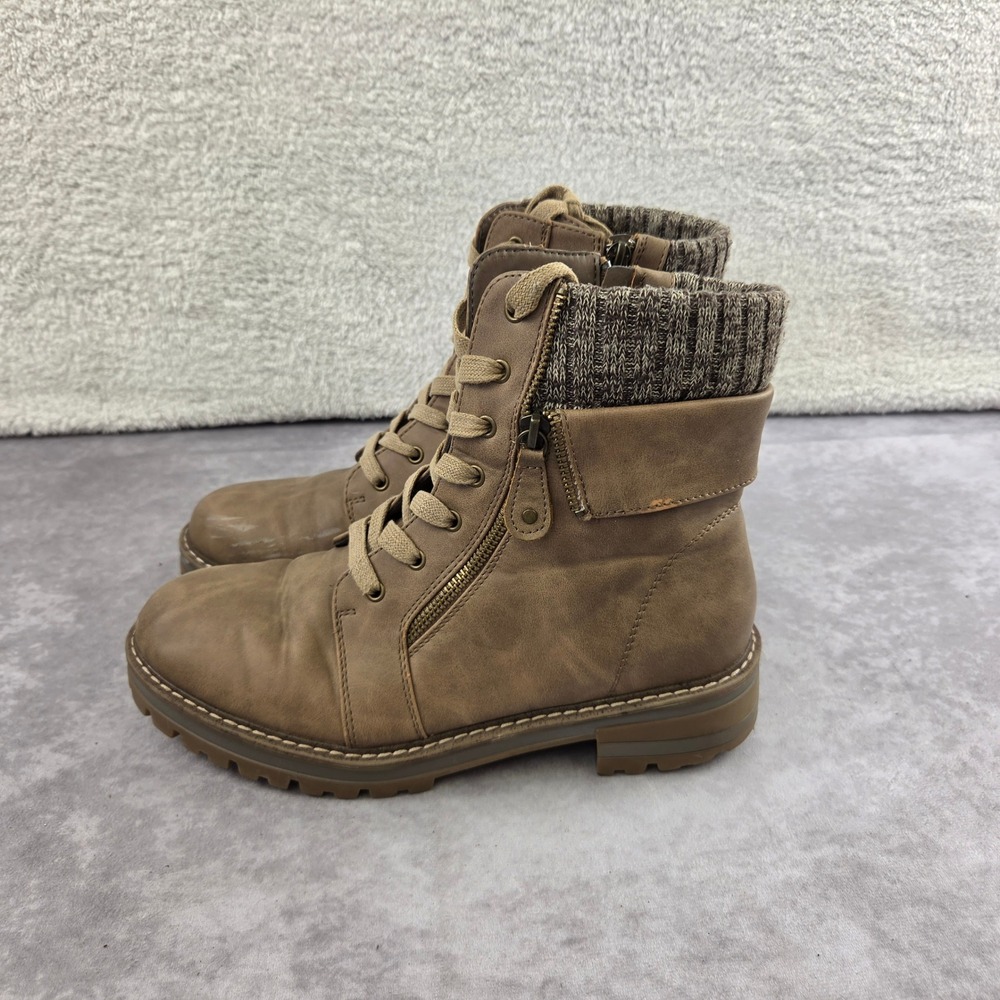 Jessica Cline Womens Taupe Brown Lace Up Combat Boots Knit Collar Size 9M